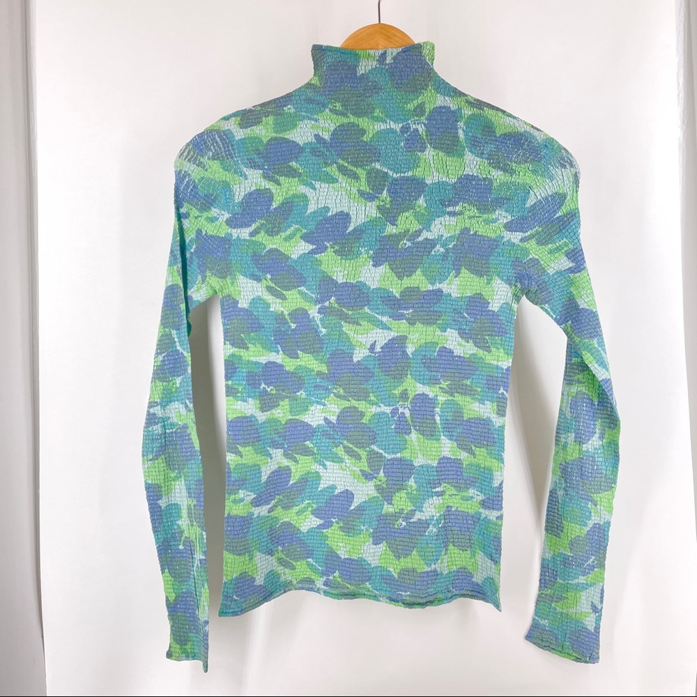 Issey Miyake Blue and Green Watercolor Patterned Blouse Top Silk Blend Blouse